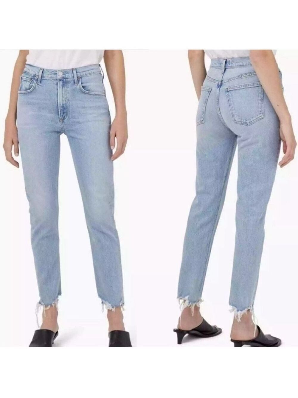 Agolde Jeans “Merrel” 25 Blue Cotton Blend Straight Leg Raw Hem Mid Rise Womens